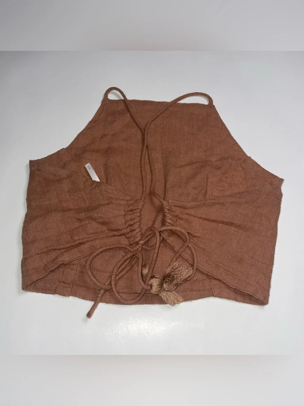 Free People XS Brown Halter Neck Tie Back Tassel Crop Top Boho Festival